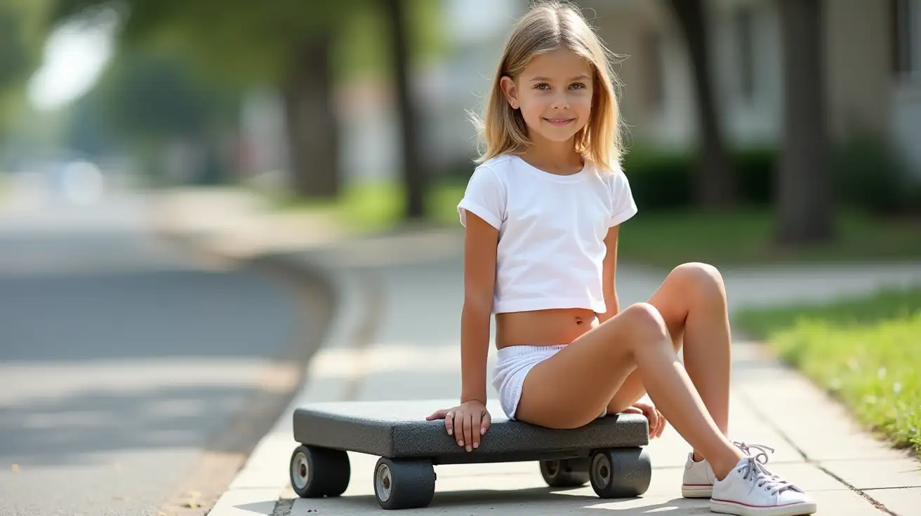 Young-Girl-Sitting-on-Rolling-Mechanic-Dolly-in-Casual-Outfit