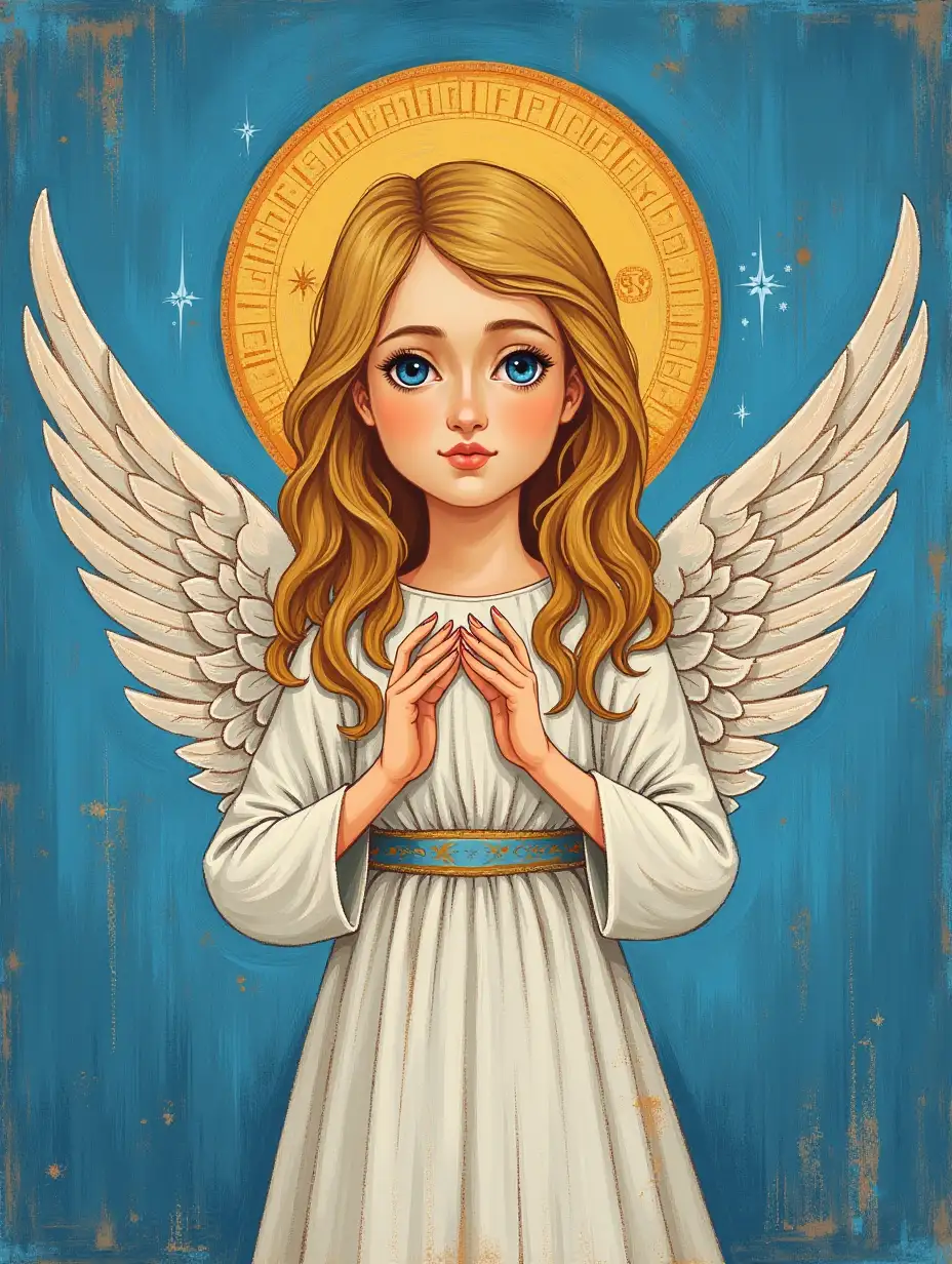 draw an angel in the stele of Russian icon painting, with light hair on a blue background