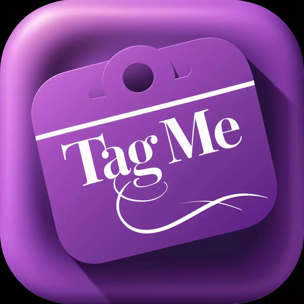 Create a voluminous icon design for the Clothing Selection app. It should look like a square in the middle that looks like a gradient purple clothing  nametag. Write the word "Tag me" inside this inscription. Use a smooth and swirling font