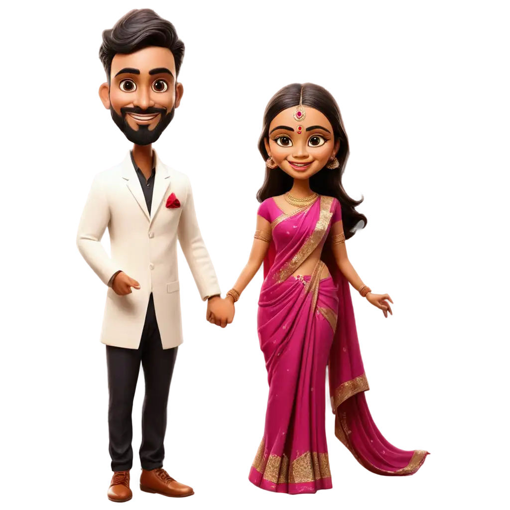 South-Indian-Wedding-Couple-Caricature-in-PNG-Format-Bride-in-Saree-and-Groom-in-Vest