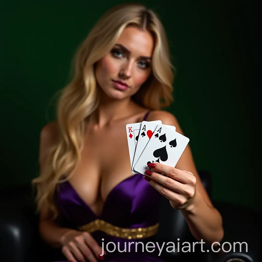 Glamorous-Casino-Scene-with-Confident-Woman-in-Purple-Gown-Holding-Playing-Cards