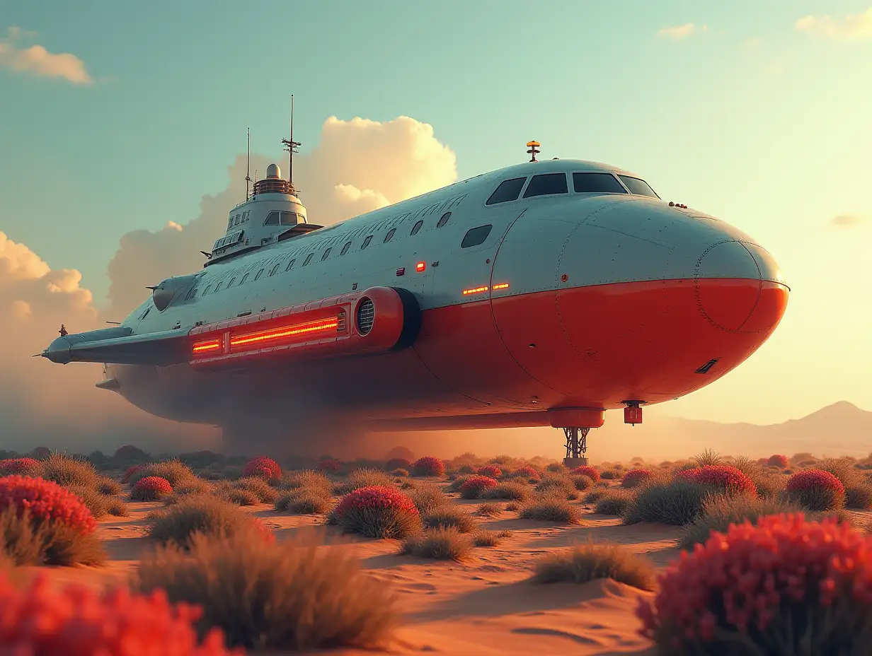 A larger spaceship, retro red-gray, shiny parts, with glowing headlights, glass windows has landed in the desert with colorful plants and a slightly cloudy sky, vibrant 4k resolution