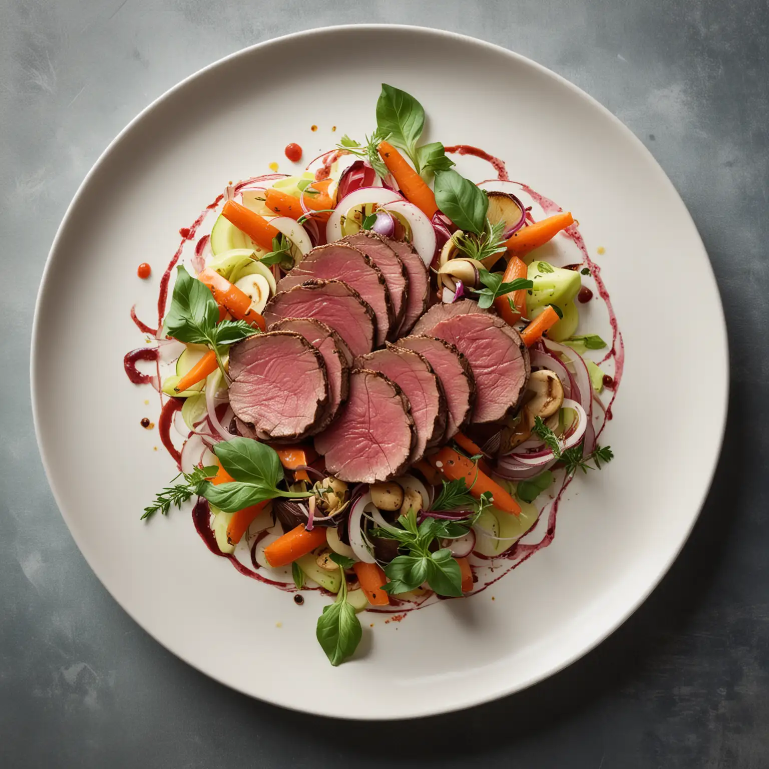 Modern-Fusion-Dish-with-Seared-Beef-Medallions-and-Tangy-Pickled-Apple-Salad