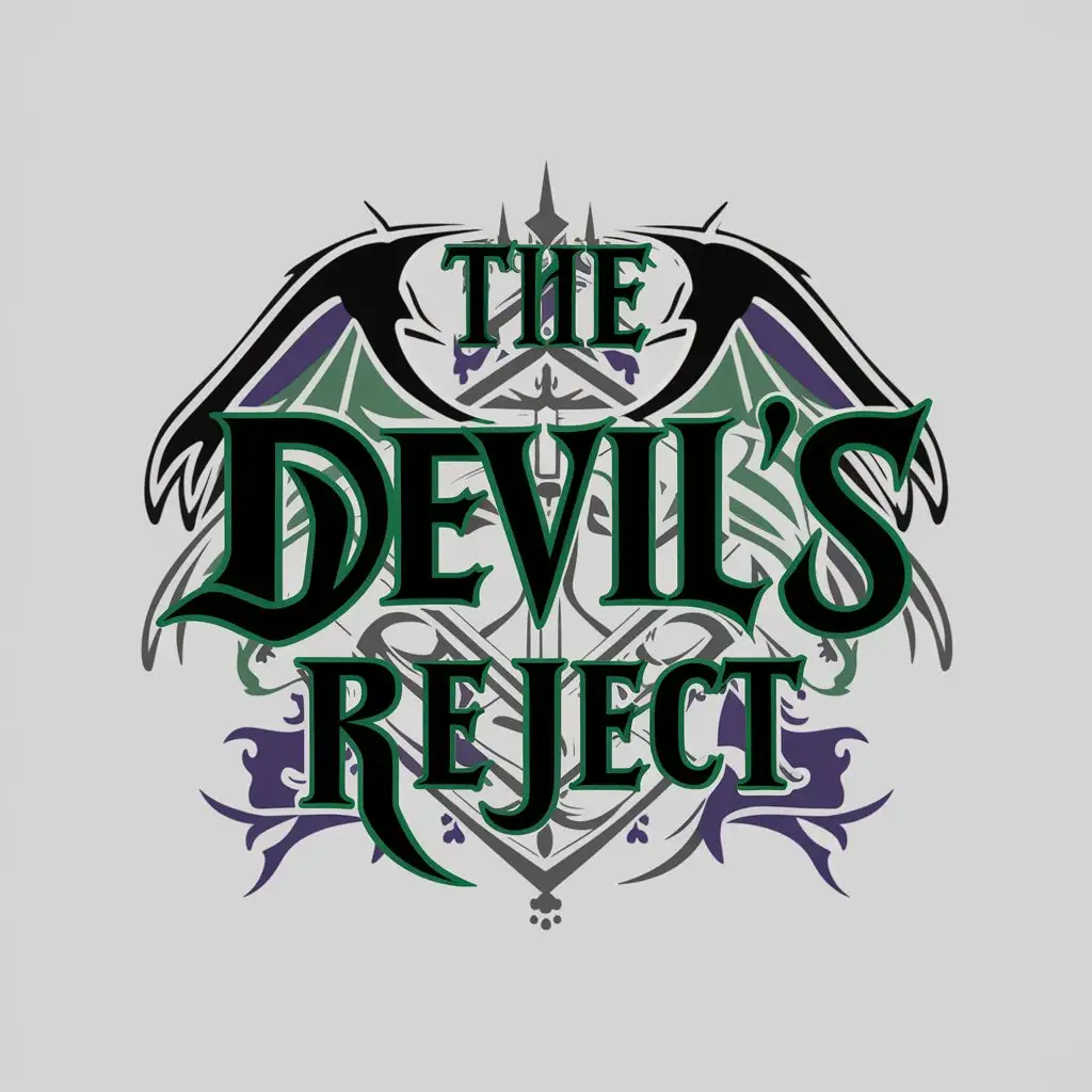 LOGO Design for The Devils Reject Gothic Purple Green with Intricate Symbol on Clear Background