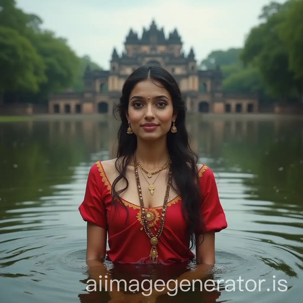 Ancient-Royal-Travancore-Woman-by-River-in-Wet-Red-Blouse