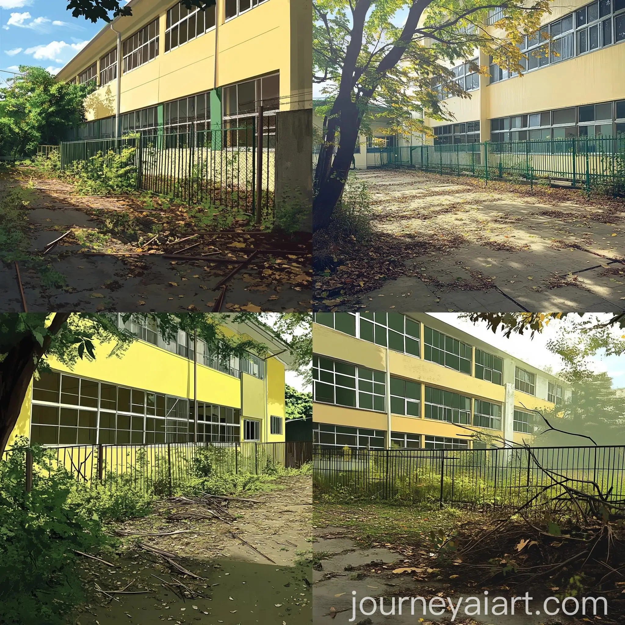 Clean-Classroom-Interior-with-YellowGreen-Tinted-Building-and-Fence