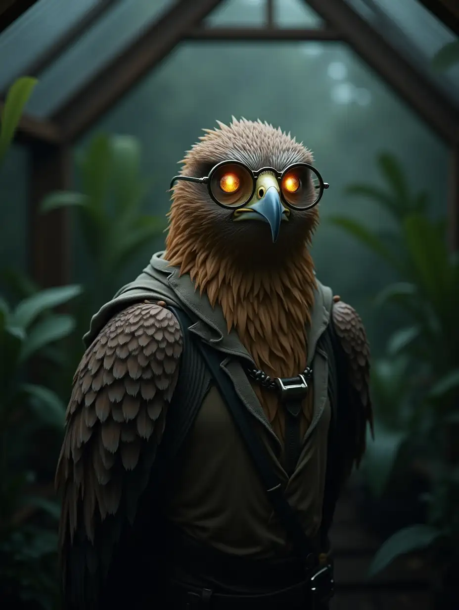 A persnickety, frowning, anthropomorphic eagle druid scientist in a dark greenhouse, wearing glasses with hexagonal lenses