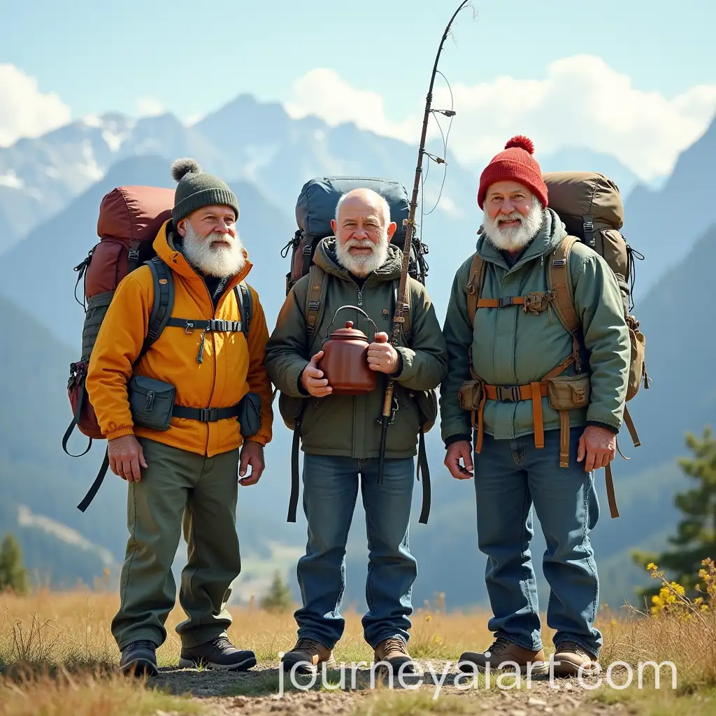 Three-Friends-with-Giant-Backpacks-in-Front-of-Mountains-Caricature-Style