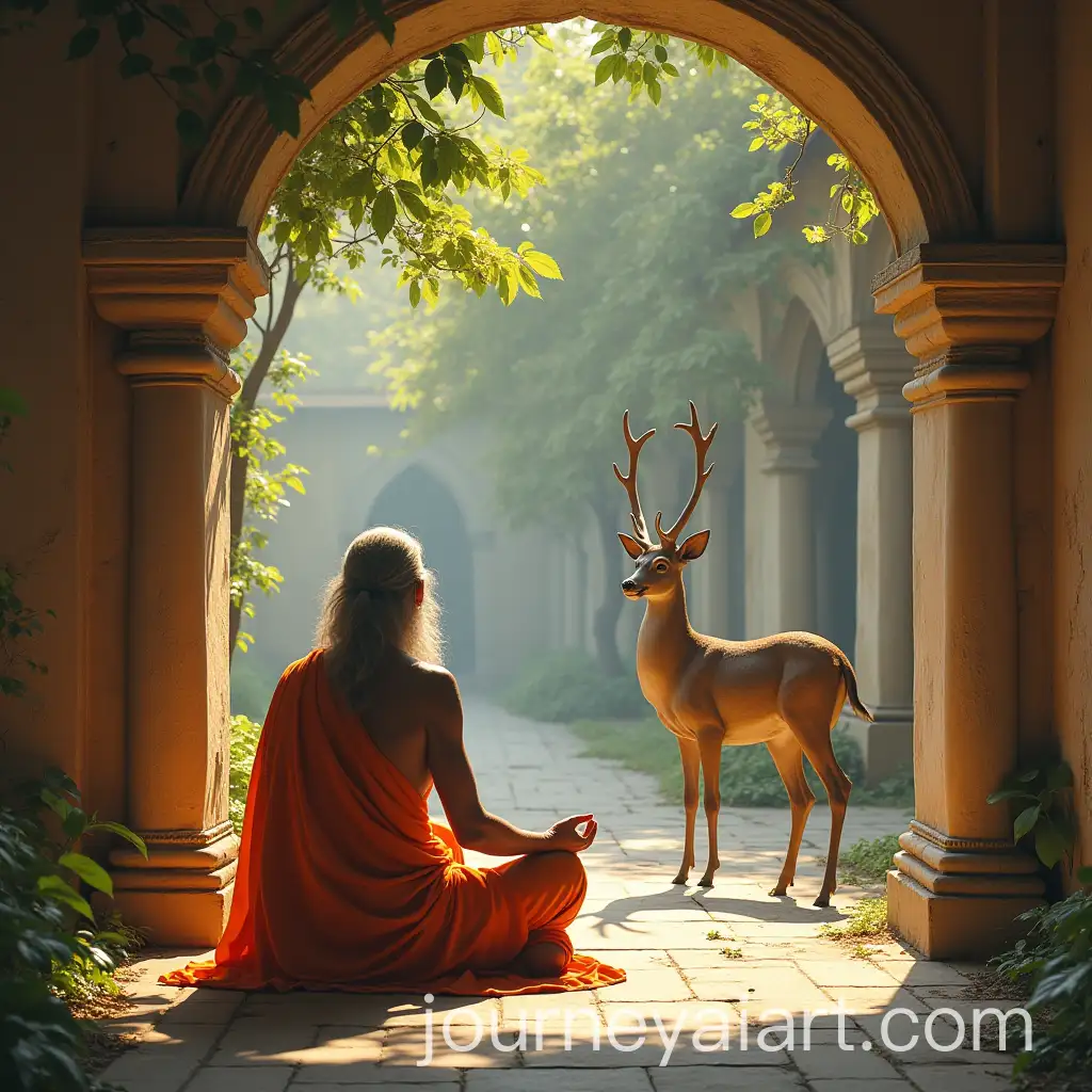Ancient-Indian-Sage-Meditating-Outside-Temple-with-Vedas-Deer-and-Peacock-Dancing