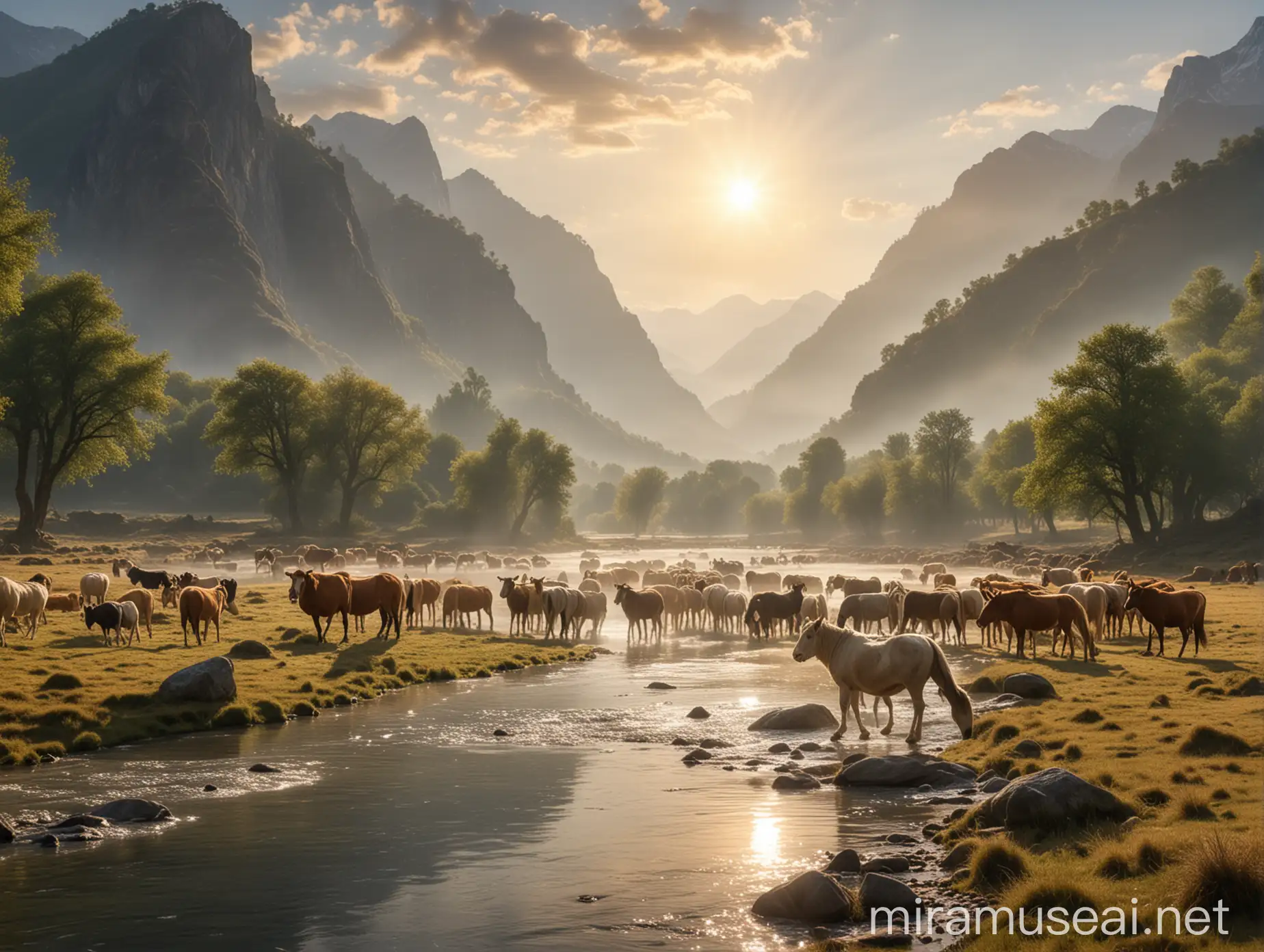 Harmonious Herd of Animals Led by Majestic Leader in Natural Landscape