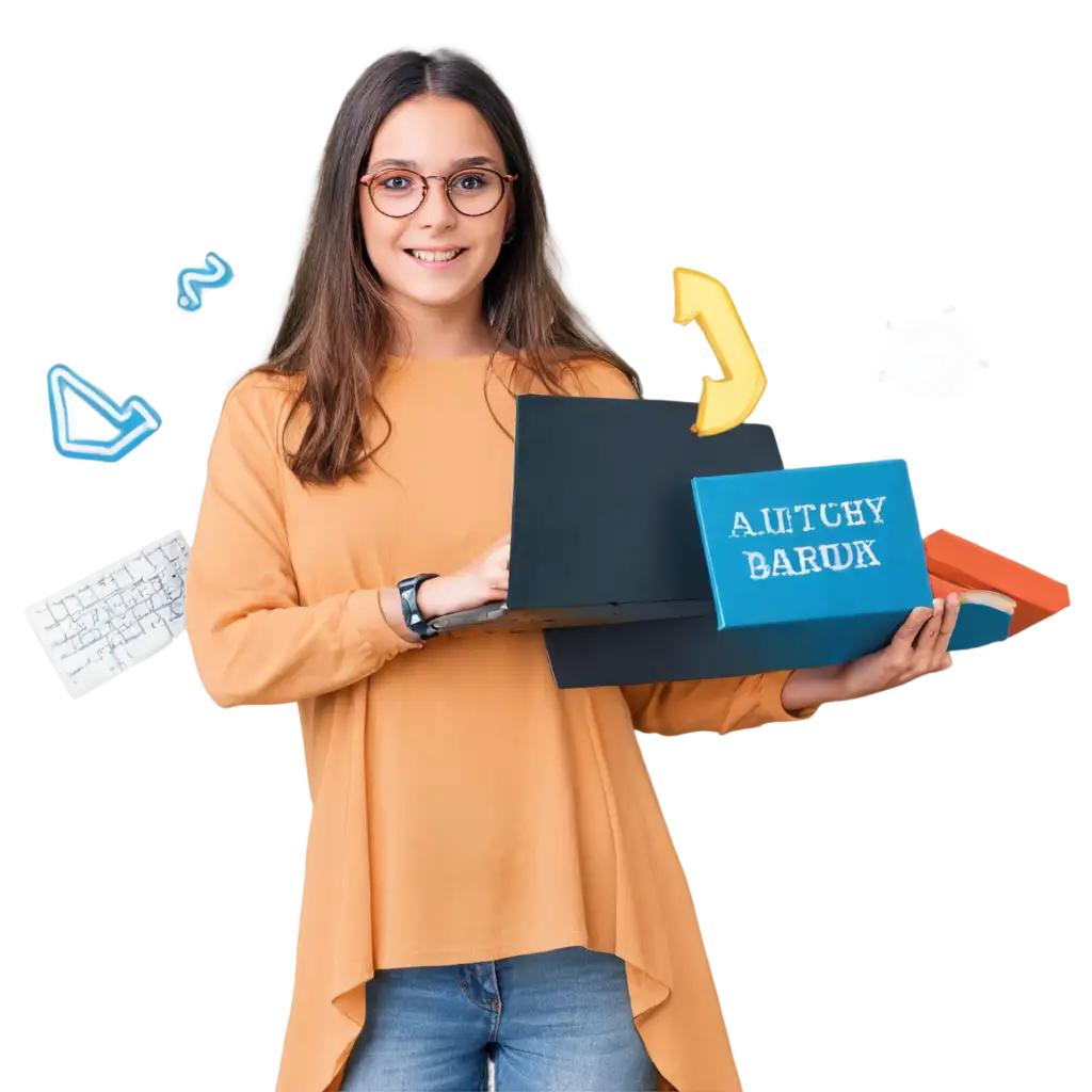 Confident-Girl-in-Yellow-Shirt-with-Laptop-and-Books-PNG-Image-for-Education-and-Learning-Themes