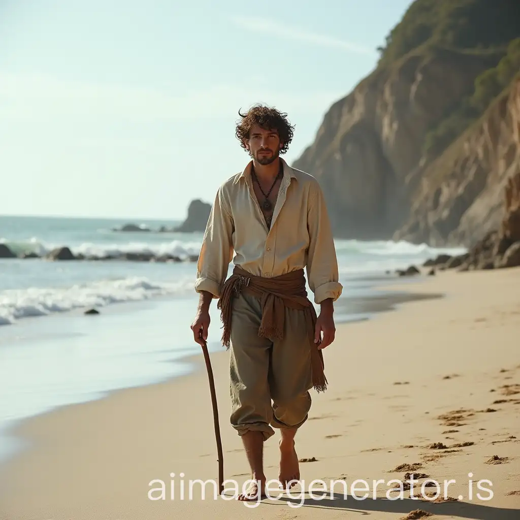 Young-Man-in-Vintage-Attire-Walking-Barefoot-on-a-Beach-with-Ocean-and-Cliffs