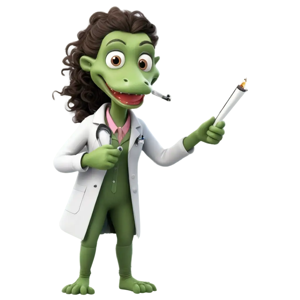 Caricature of a female crocodile dressed in clothes wearing a lab coat and stethoscope making notes