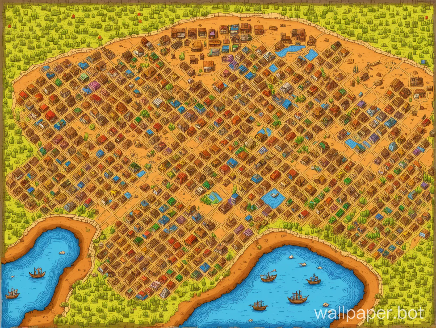 2d hand drawn colorful top down videogame map of settlement city in 1619 santa fe de la vera cruz argentina, 6 x 9 square street grid, indigenous population, riverside, litoral setting, arcade colors and konami style