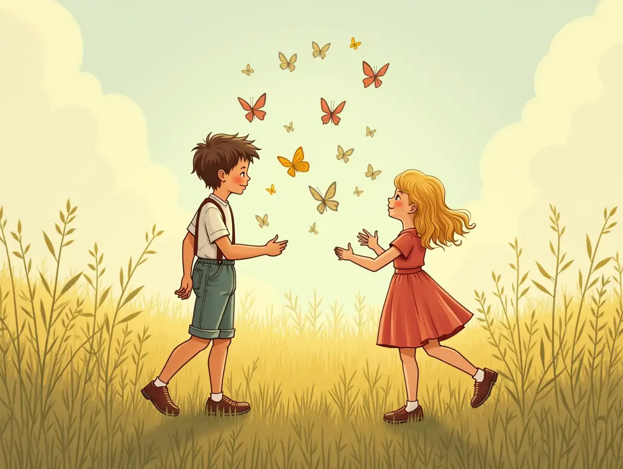 1 boy and 1 girl playing in the field with butterflies, in the style of old children's storybooks