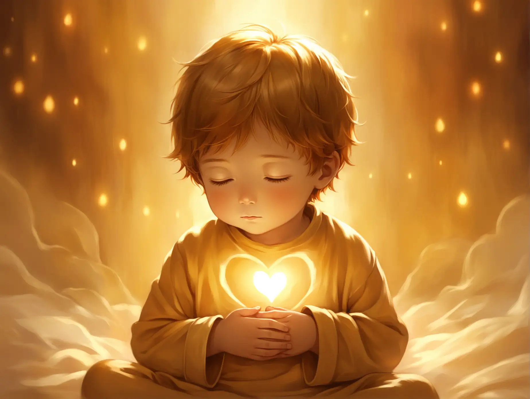 A young boy around 3 years old sits quietly with a peaceful, content expression, one hand resting gently over his heart. A soft, warm golden glow emanates from his chest, symbolizing a warmth born within his soul. The light spreads outward, casting a gentle glow around him, creating a feeling of inner peace and love. The background is soft and blurred with warm hues of amber and gold, enhancing the sense of warmth, innocence, and comfort.