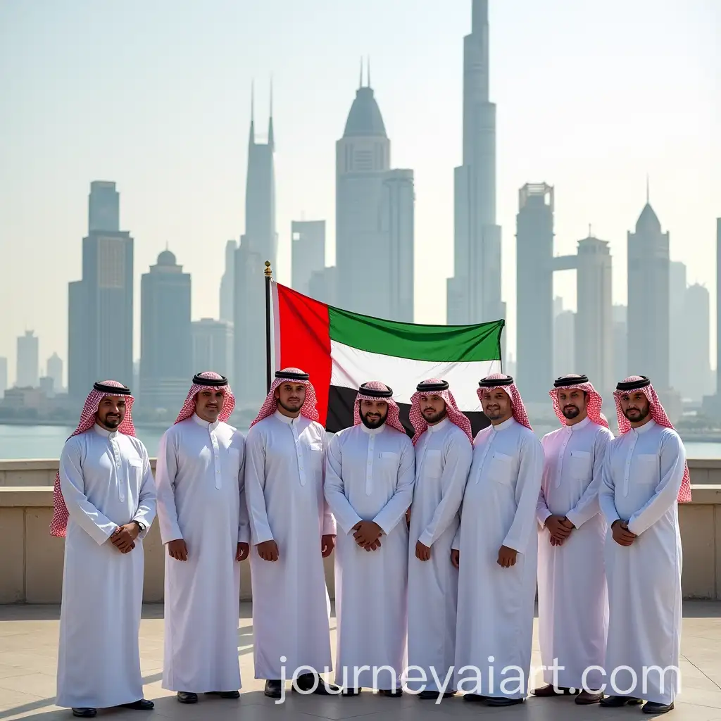 Emirati-People-in-Traditional-Attire-Against-Dubai-Skyline-with-UAE-Flag