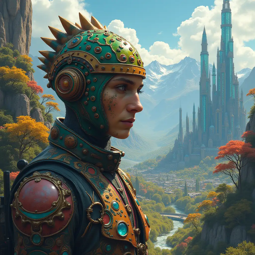 Ultra detailed hyperrealistic portrait  Multiversum time traveler with various strange beings with future glass towers The elaborately detailed, colorful forested , mountains city in the background