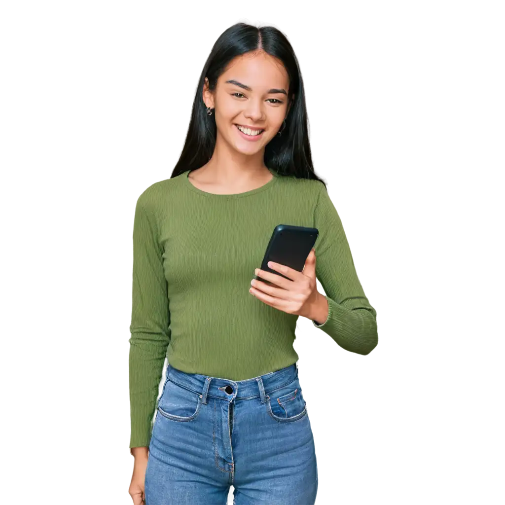 PNG-Image-of-a-Girl-Happily-Using-the-Internet-on-Cellphone-in-Green-Clothes