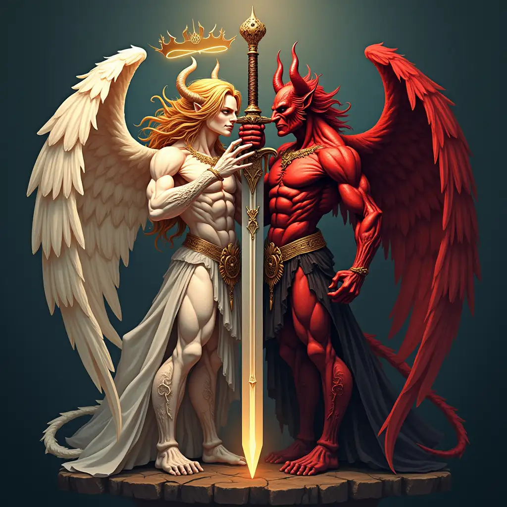 Angel and Demon with Sword Heavenly and Fiery Conflict