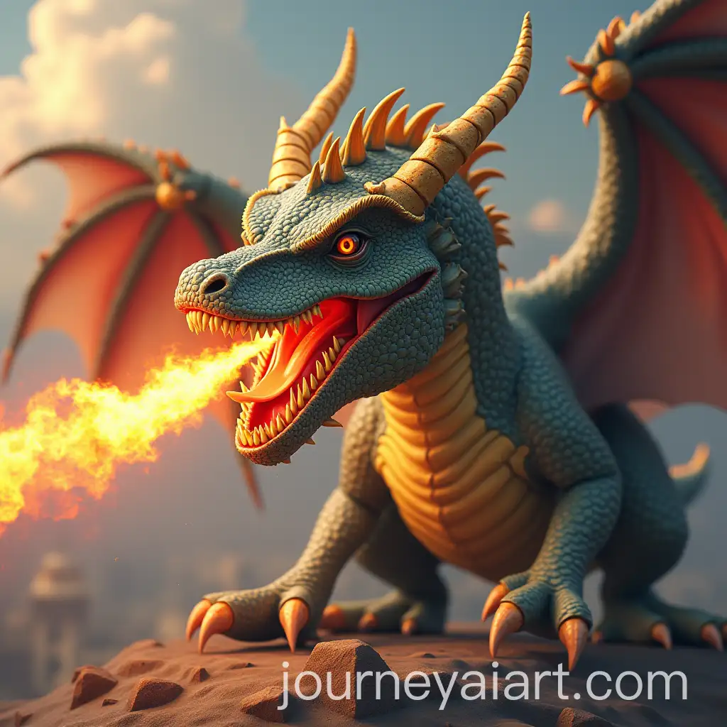 Dragon-Head-Dinosaur-Body-with-Wings-Spitting-Fire-on-Building-Top