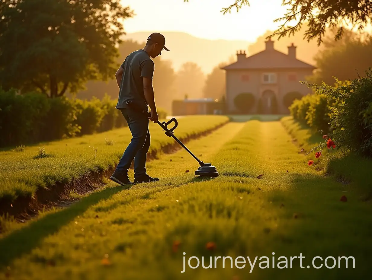 Silhouette-of-Guy-Mowing-Vineyard-with-Electric-Trimmer-in-Warm-Golden-Light