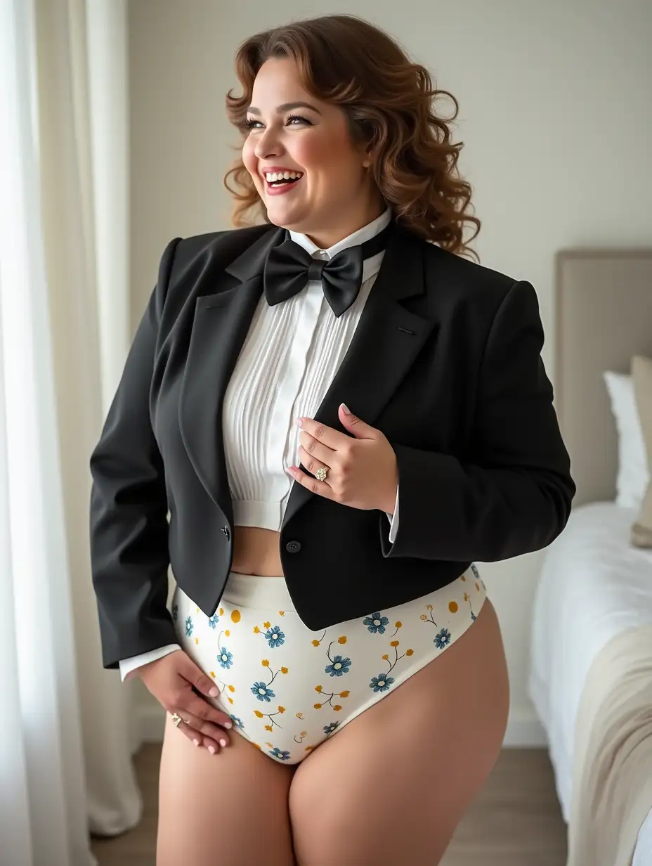 MiddleAged-Woman-in-Formal-Orchestra-Tuxedo-in-White-Bedroom