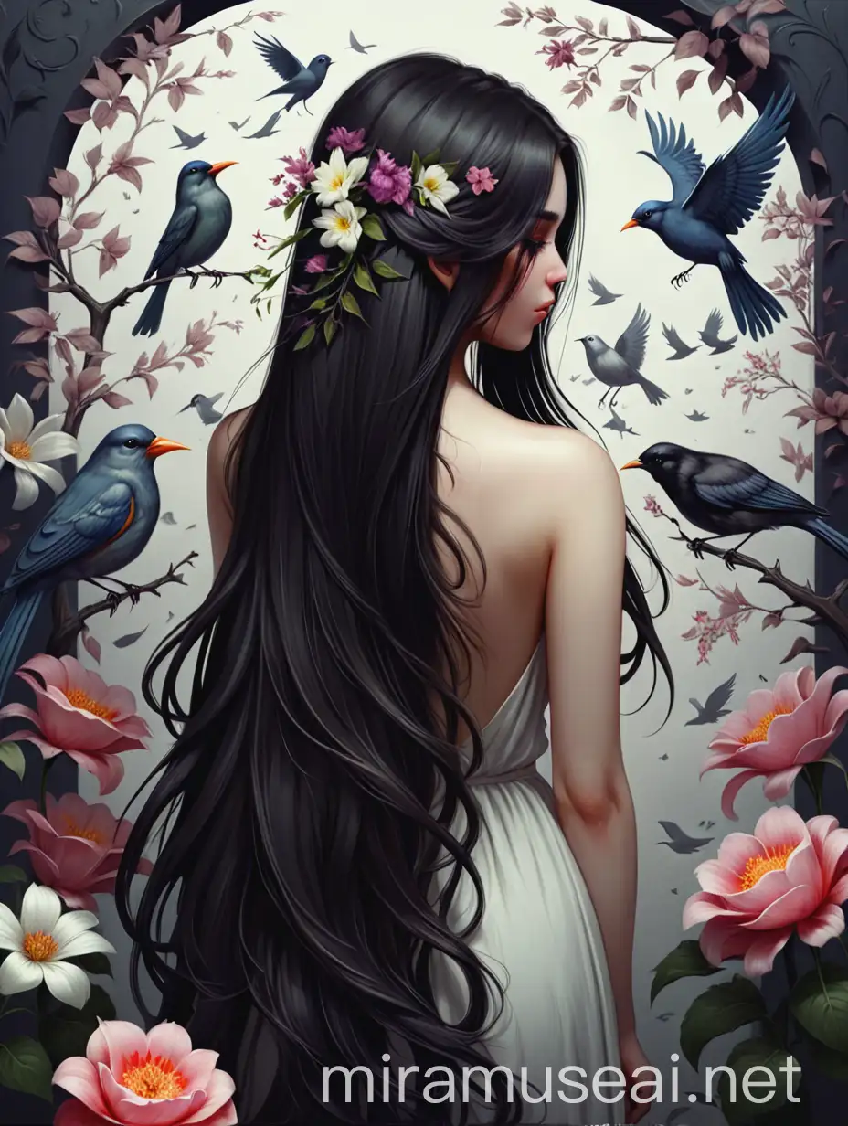 a girl with long dark hair, back, flowers, birds