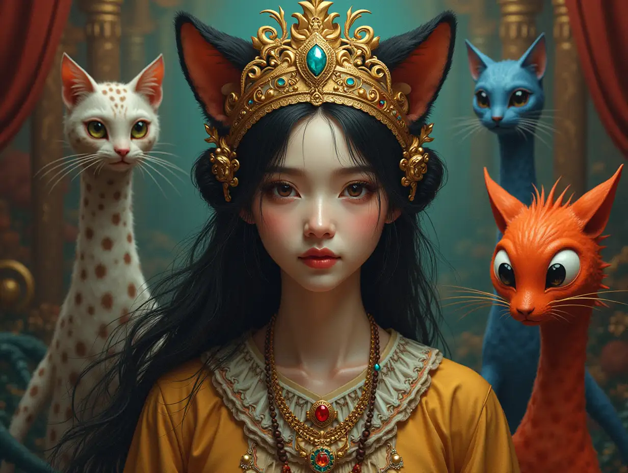 ultradetailed hyperrealistic portrait of a woman with cat hair in a temple with various strange creatures with intricately detailed, colorful