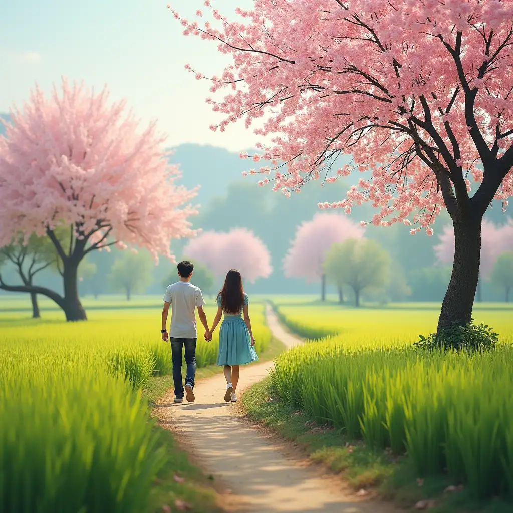 A picturesque Vietnamese countryside during spring, with cherry blossoms and a young couple holding hands while walking along a rice field path.