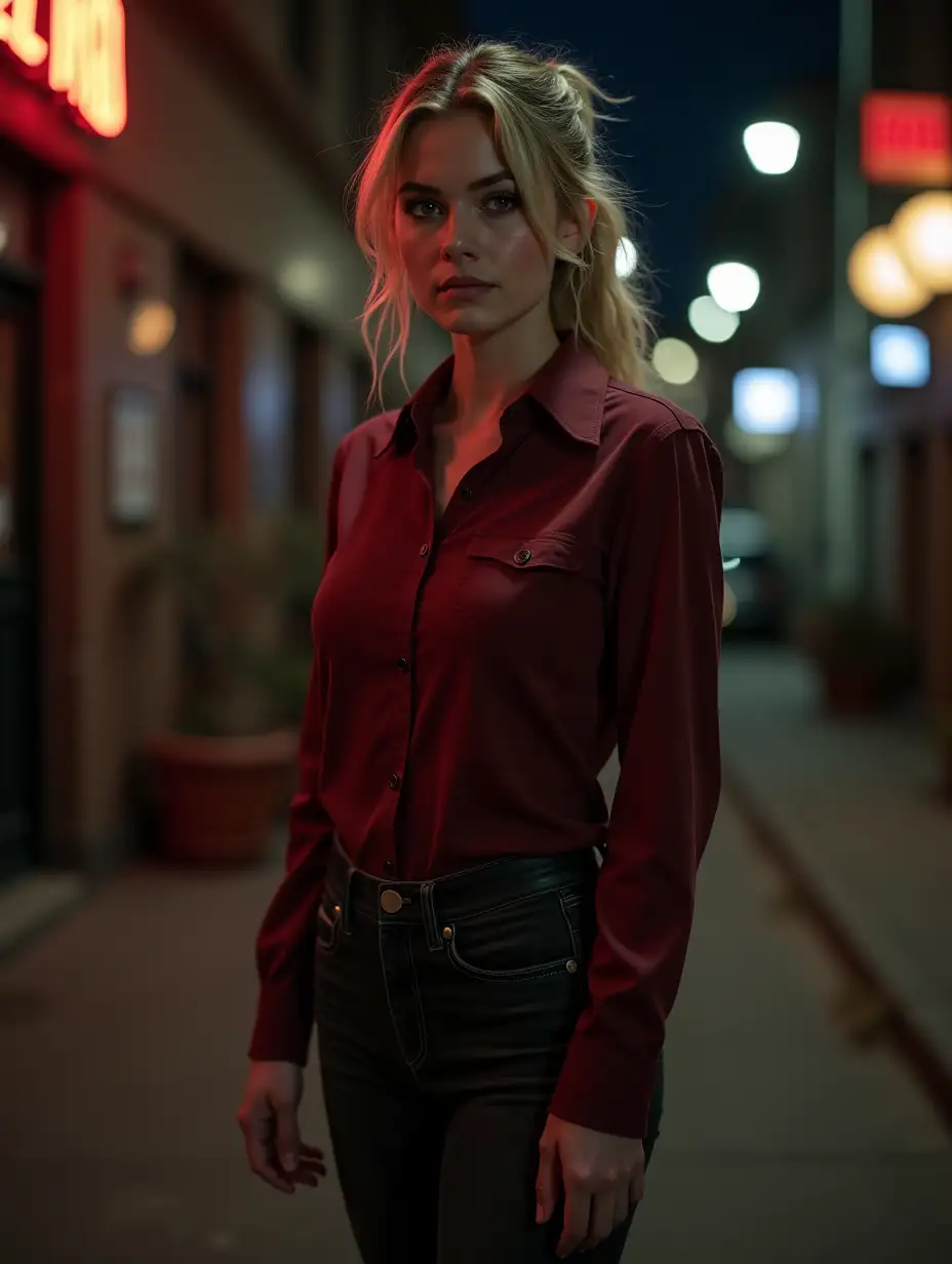 Teagan-Croft-in-Dark-Red-Shirt-and-Combat-Boots-in-Alley-at-Night