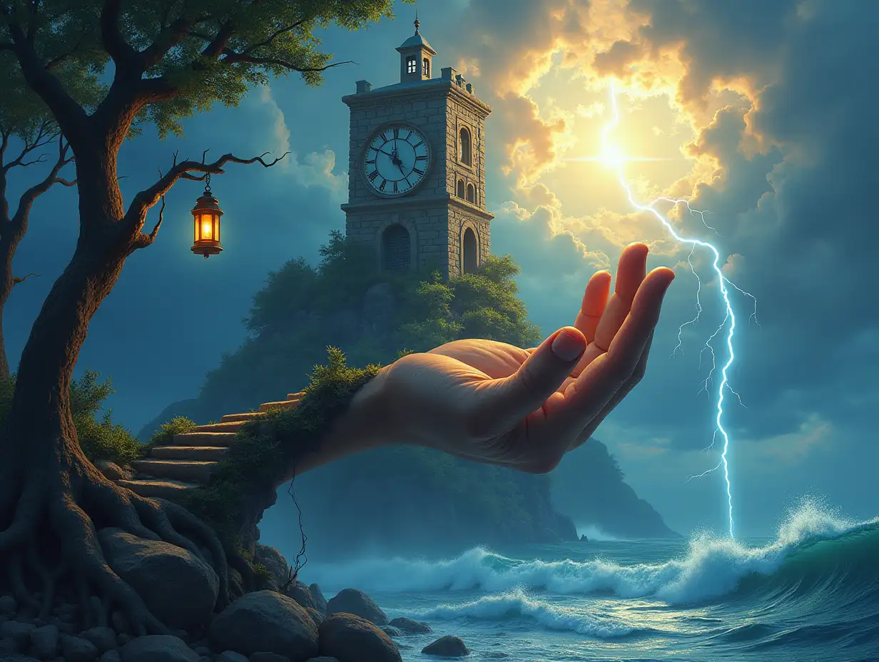 Creating a digital painting a hand with a building made of stones and lighting. Trees with roots and rocks and a lantern far below is the sea, with large clock hands.with a big tower up to the sky lanterns and the sun shines through the clouds, from the sea is a stairway to heaven Very large waves and lightning