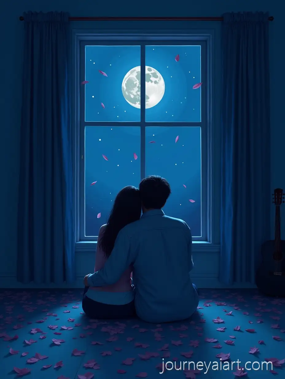 Melancholic-Couple-Under-Moonlight-in-a-Blue-Room-with-Falling-Petals-and-Vinyl-Record