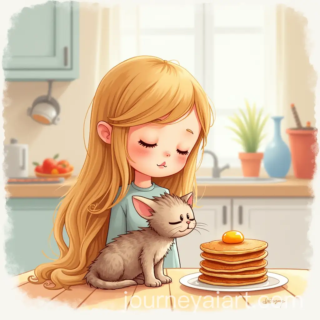 Long-Haired-Girl-and-Light-Brown-Kitten-in-the-Kitchen-Making-Pancakes