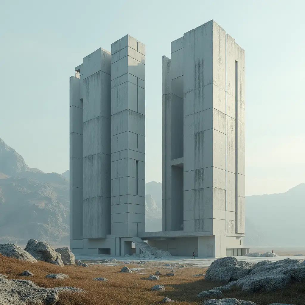 A composite image of a concrete building and a steel building placed side by side.Sci-fi landscape