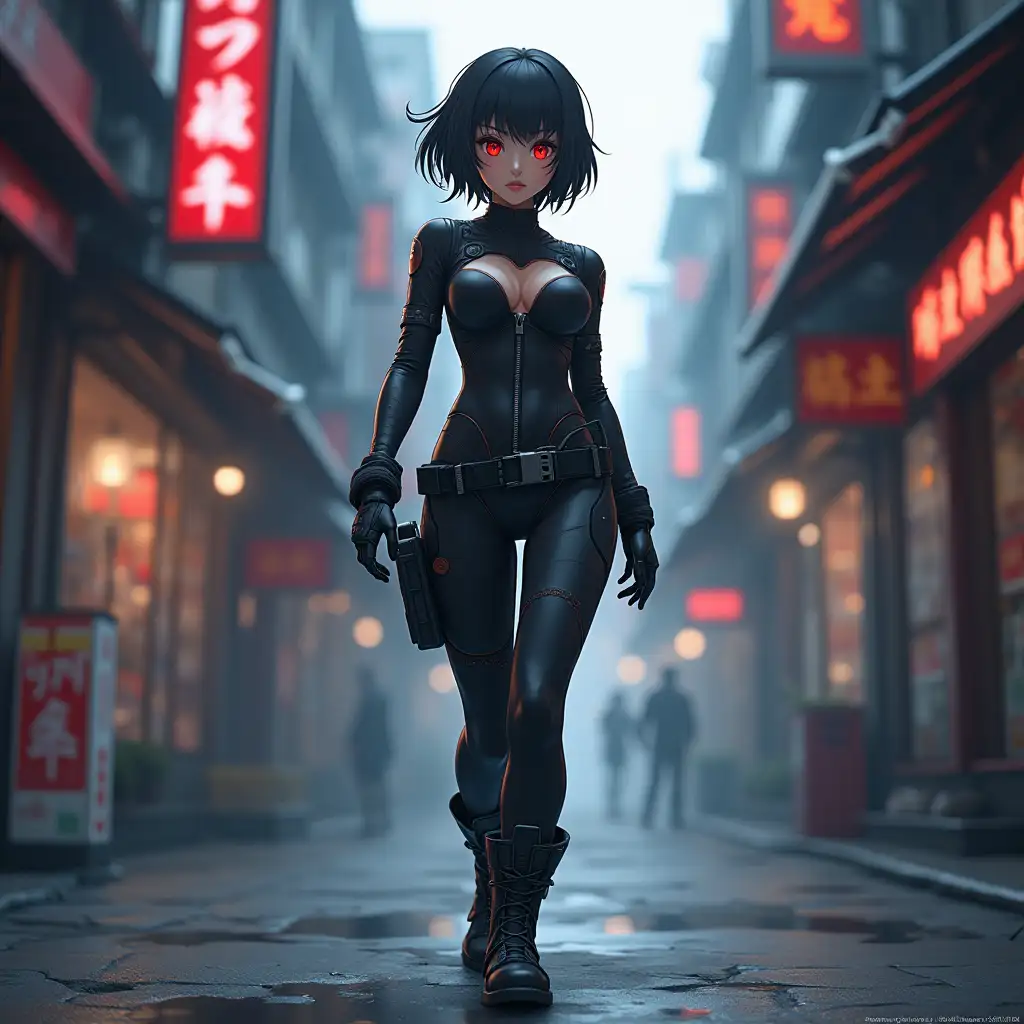 Short hair, mature Asian woman thief cyber runner in a dynamic full-length pose, eyes with red electronic pupils, large breast, extreme skintight body glove zipped down with cleavage, combat boots and combat belt. Full view of her body from boots up, low wide angle. Future store filled city alley street. Anime