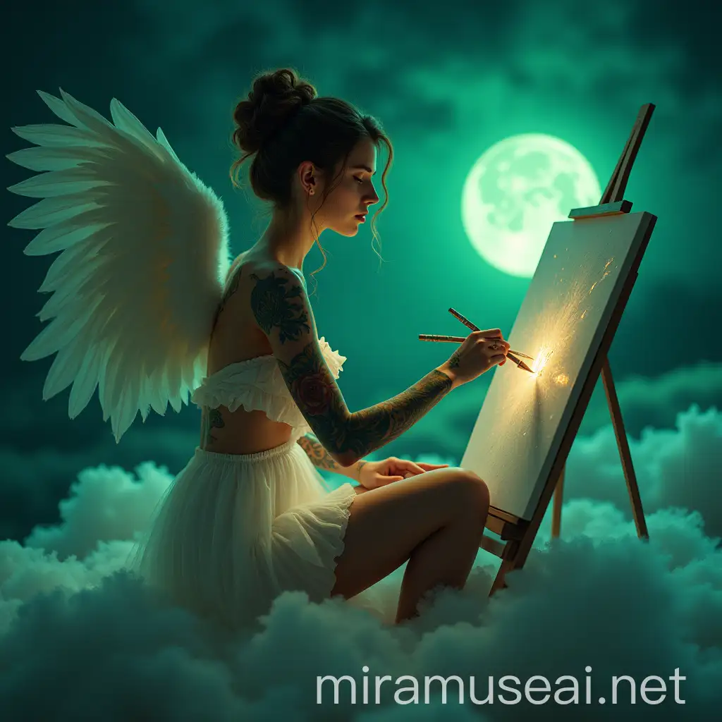 Beautiful Tattooed Woman Drawing on Canvas in Moonlit Cloudscape