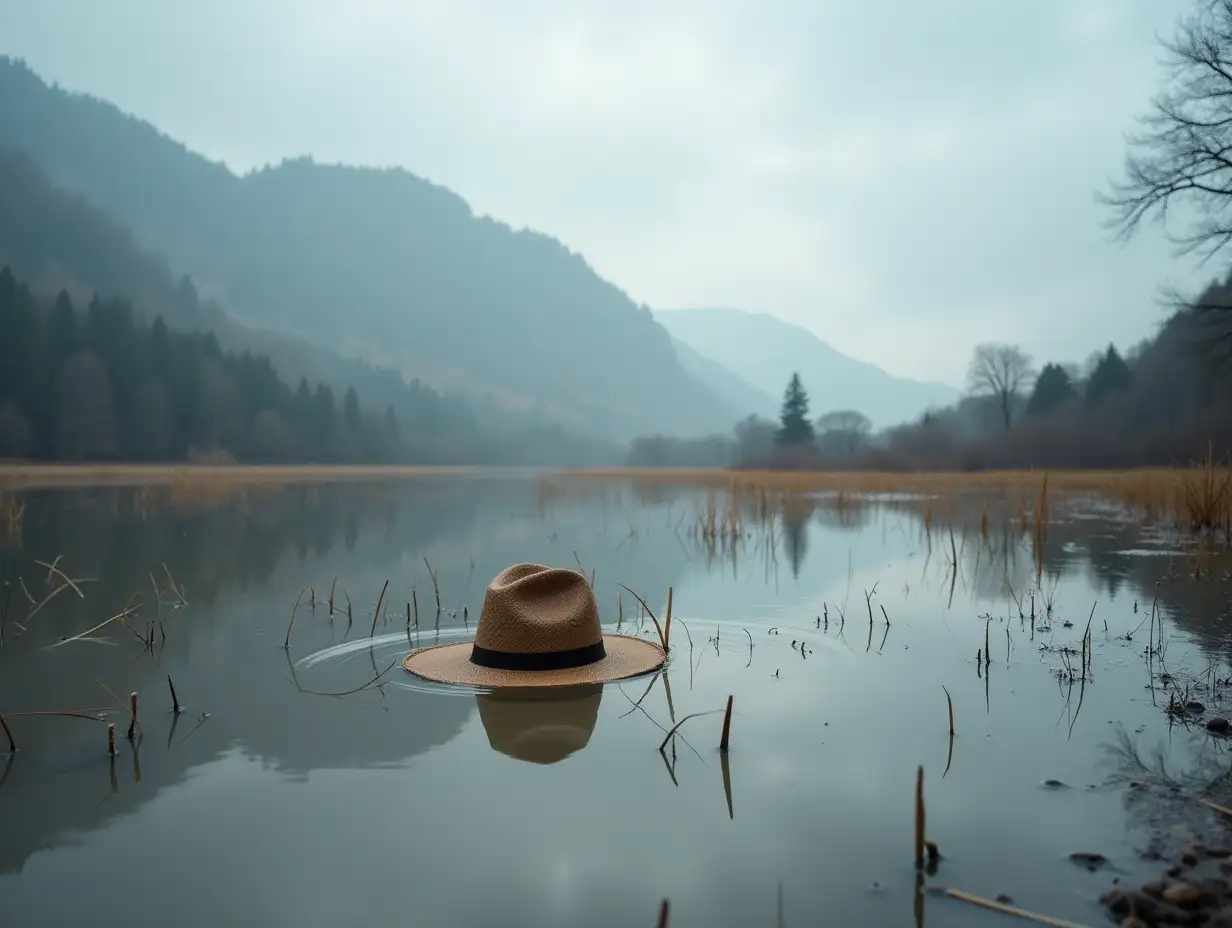 flooded landscape with hat in front of gray sky in Germany Bavaria