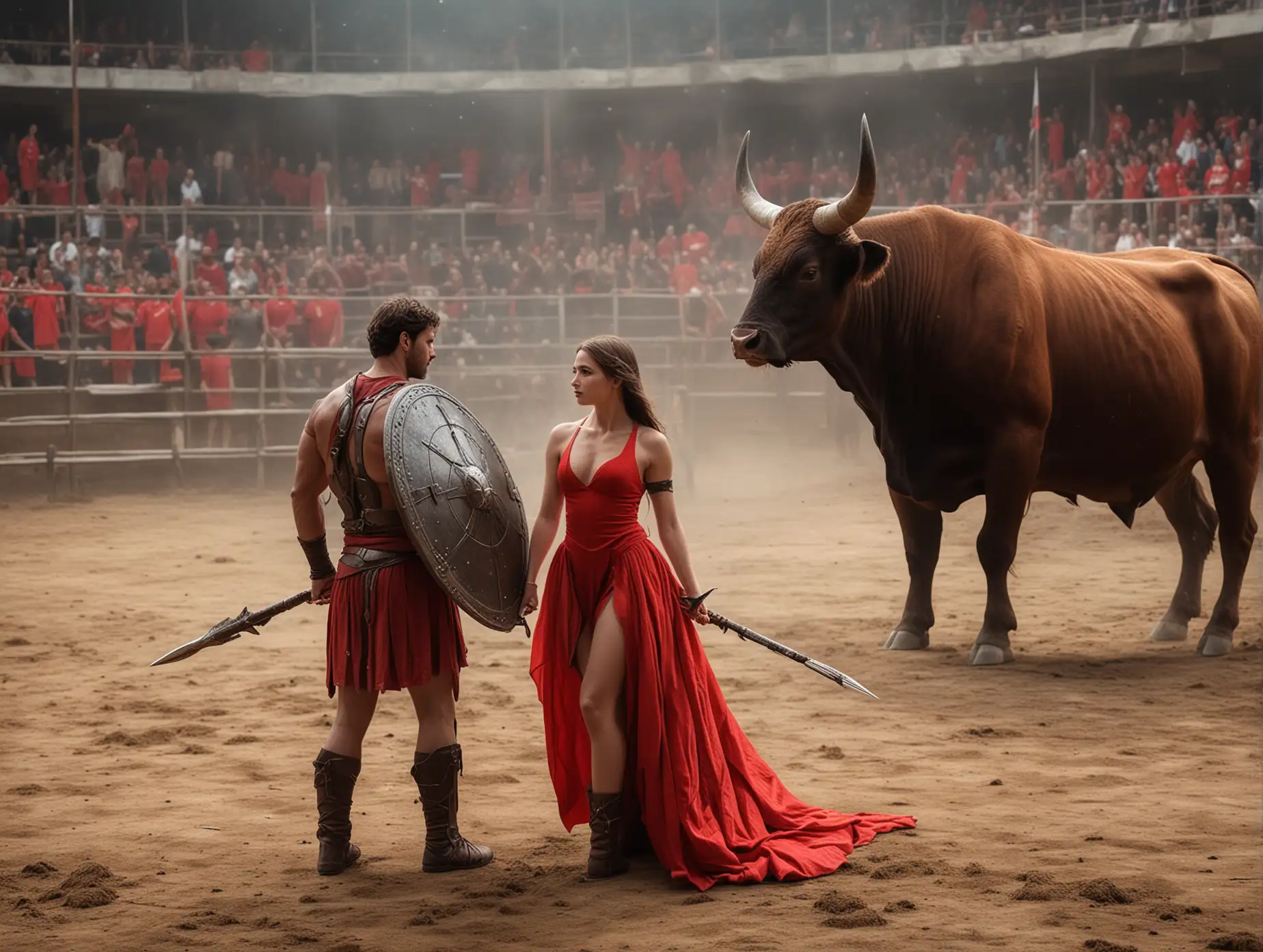 Brave-Woman-in-Red-Dress-Faces-Bull-with-Warrior-Companion