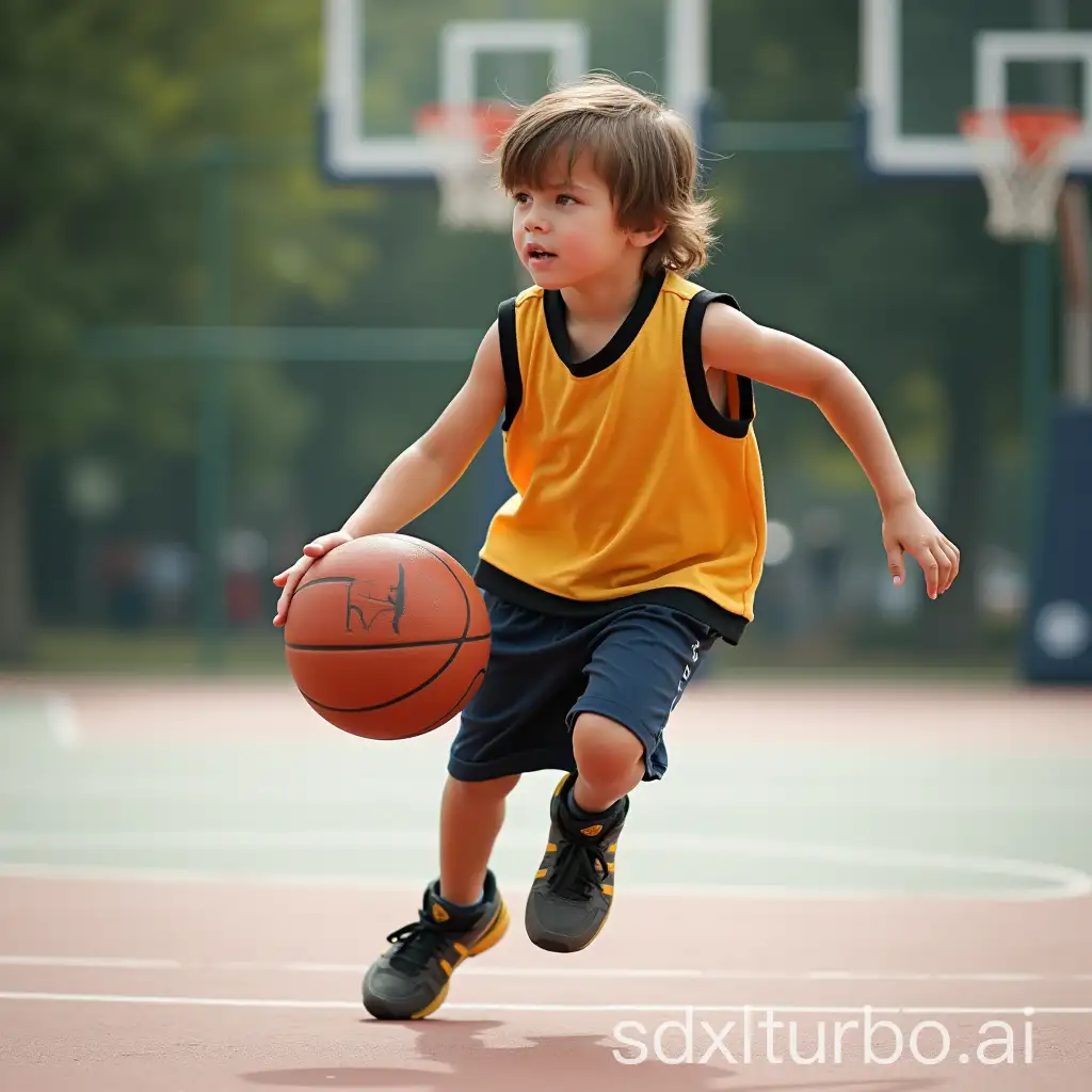 Young-Boy-Playing-Basketball-in-Urban-Playground