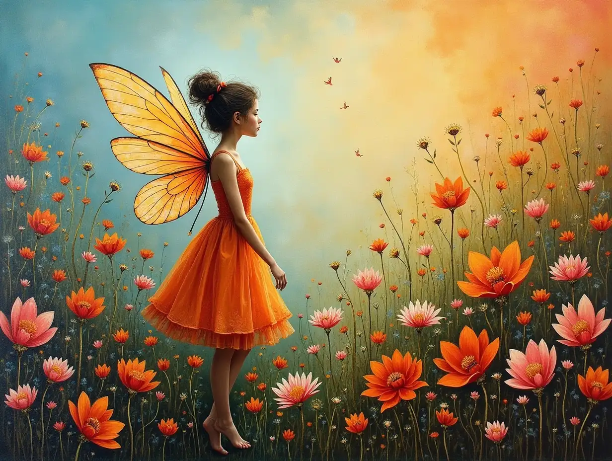 Oil painting ART, grunge-style. A whimsical scene featuring a serene fairy standing gracefully amidst a vibrant array of blooming flowers...