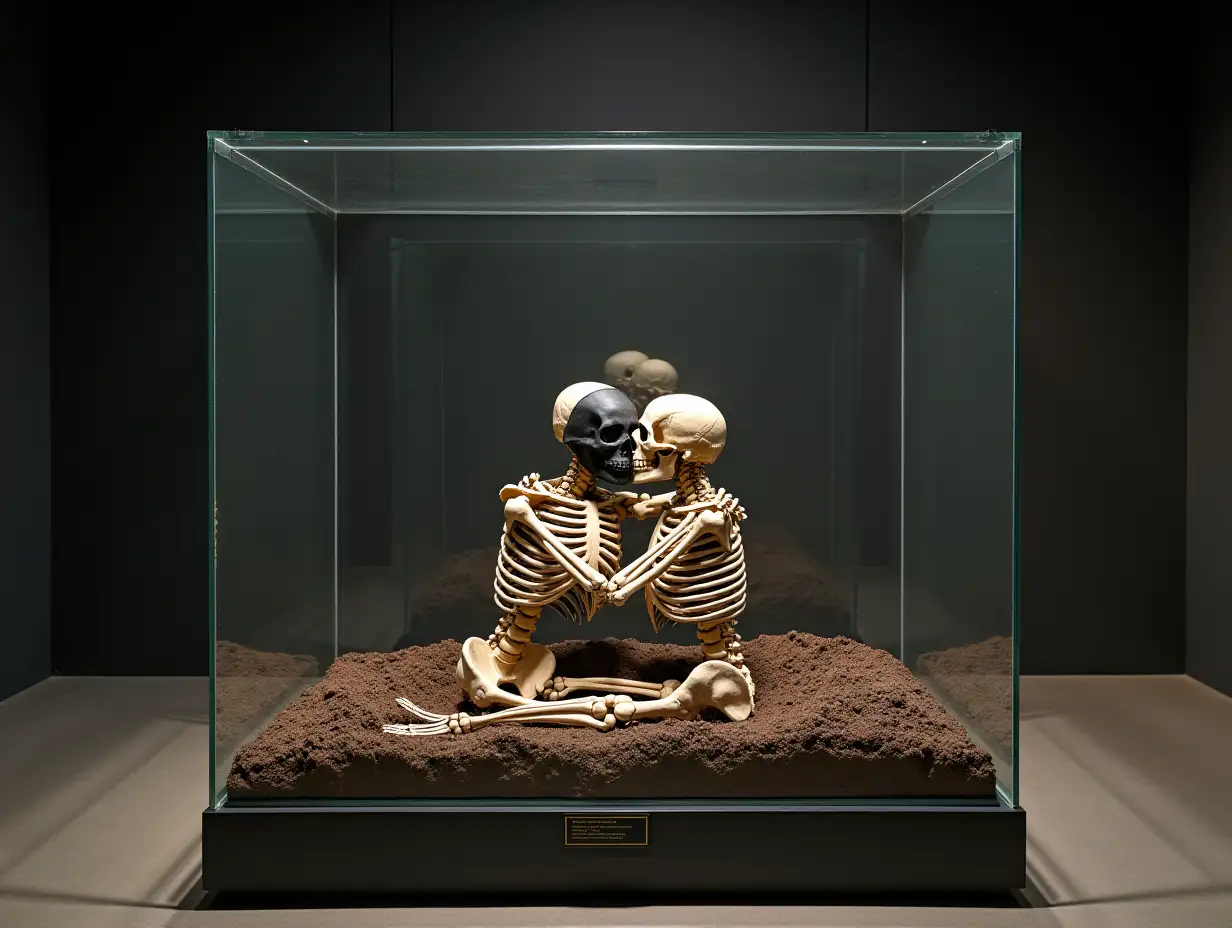 a large glass display case containing two intertwined skeletons, partially embedded in dark soil, as if unearthed in an archaeological dig. The display case is tall, with clean, transparent glass walls allowing a full view of the skeletons. The frame of the case is modern and minimalistic. Inside, the skeletons lie closely together, their postures suggesting a symbolic embrace. The soil surrounding them appears textured and slightly uneven, enhancing the realism of their setting and emphasizing the archaeological significance of the display. The skeleton on the left has a black iron mask on its skull. This mask has a simple, minimalistic design that covers the frontal part of the skull, adding a mysterious and perhaps ceremonial feel to the display. The room around is just a big museum wall. The large display case is indeed fitted into the wall. The ambiance of the room is subdued, suggesting a museum setting where the exhibit is given an aura of reverence and historical importance. A small informational plaque at the base of the case provides context for museum visitors. The entire scene blends elements of archaeology, mystery, and artistic presentation in a historical museum environment.