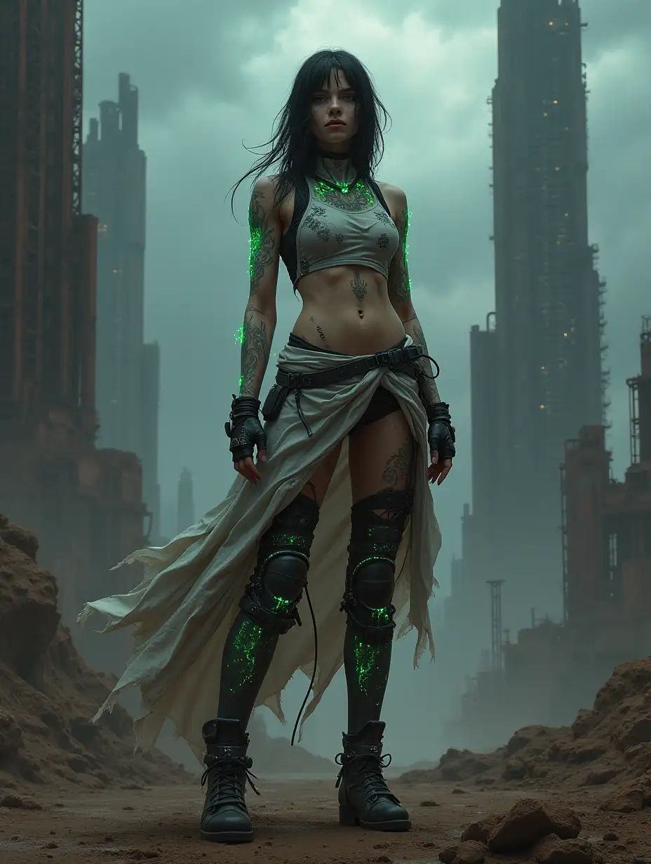 A highly detailed, digital painting of a cybernetically enhanced, androgynous figure in a post-apocalyptic wasteland. The figure is adorned with bioluminescent tattoos and implants, and their clothing is a mix of tattered remnants and advanced, synthetic materials. The background is a desolate, barren landscape with towering, rusted skyscrapers and a stormy sky. Dramatic lighting, cinematic composition, 8k resolution. Art by both Alphonse Mucha and Simon Stålenhag.