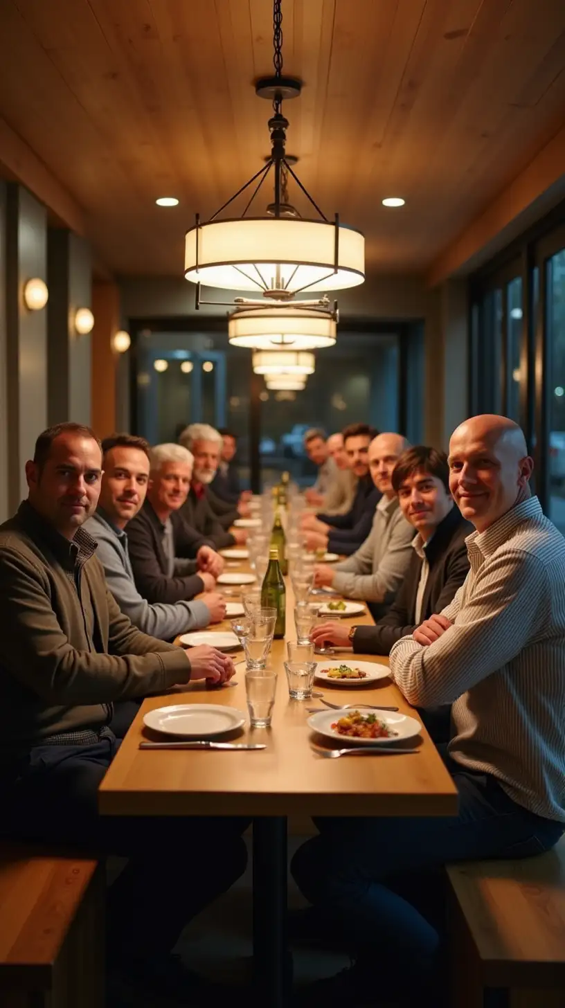 Group of Modern Men Sitting at Dinner Table