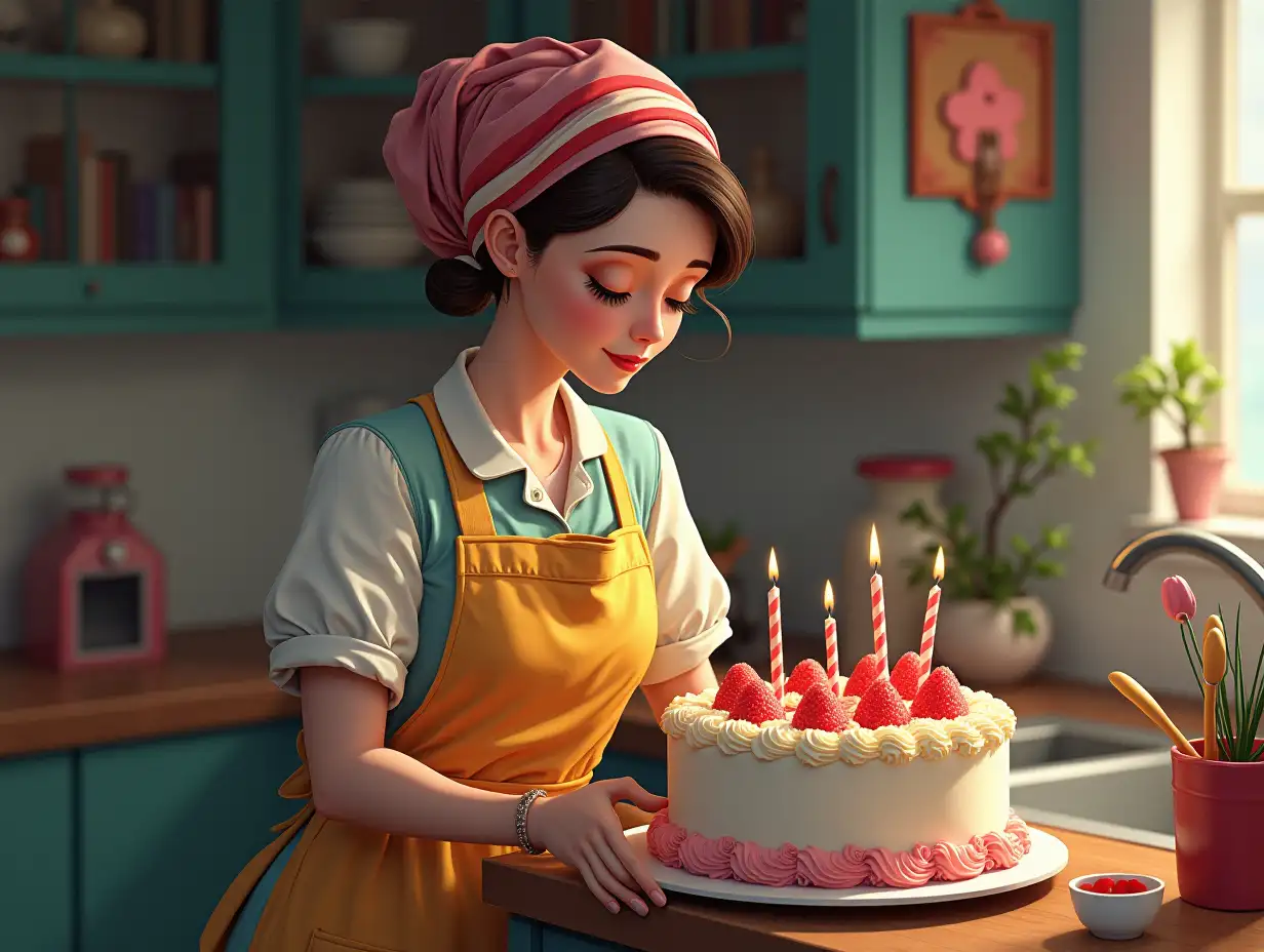 Ultra-detailed hyperrealistic portrait of a woman with short hair with headscarves and baking a birthday cake in the beautiful kitchen with intricately detailed, colorful