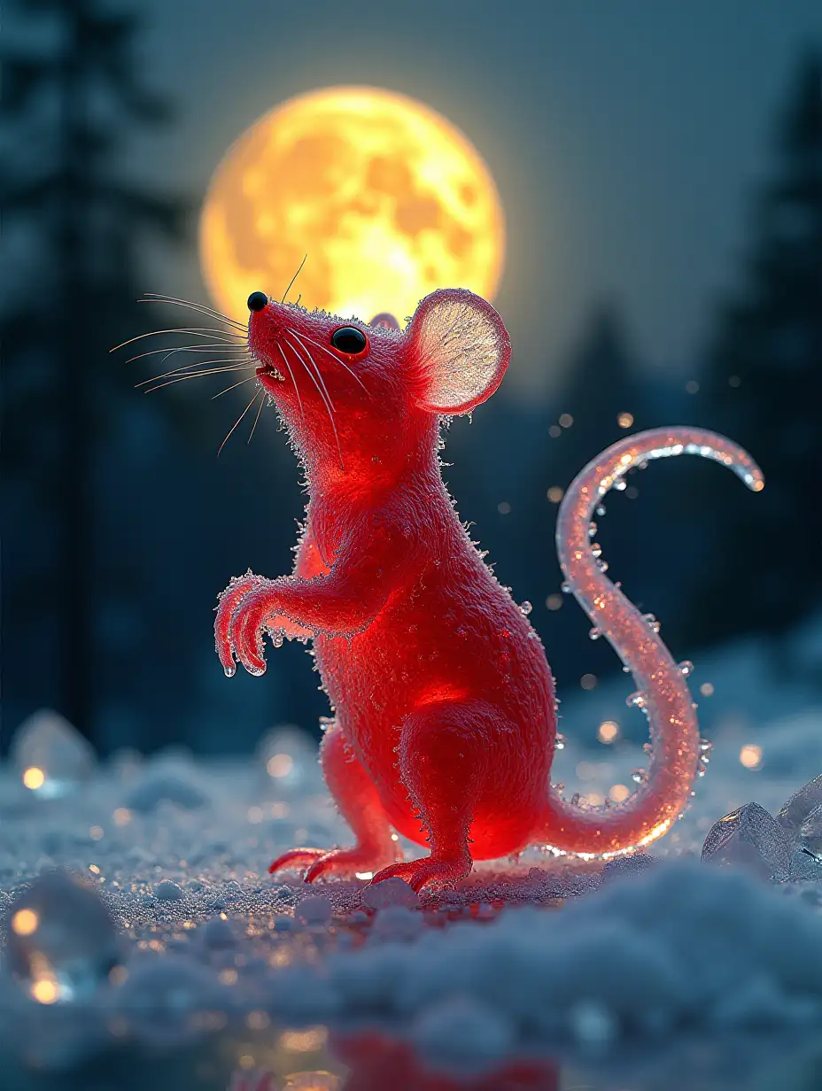 surreal ice world, meticulous mix,  many flying  ice objects, close up giant   horror red mouse made of clear red  ice portrait overlay , forest+ yellow ice cubes, filigree, night, transparent yellow horror moon , black mountain ,parallax, bioluminescence, dinamic bokeh moon light,stars light