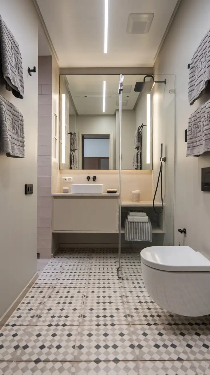 Wide shot of a real stunning small modern bathroom showcasing pattern play with a subtle geometric tile floor and textured towels.  Neutral color palette, minimalist fixtures.  Floating vanity, glass shower enclosure. Spa-like atmosphere, clean lines, modern style, visual interest. --ar 16:9 --v 5