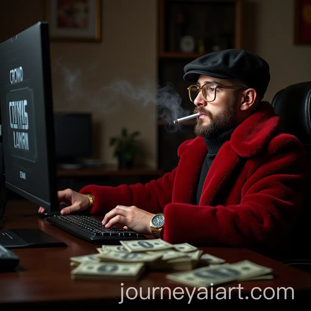 Young-Man-in-Red-Fur-Coat-Smoking-at-Computer-with-Money-on-Table