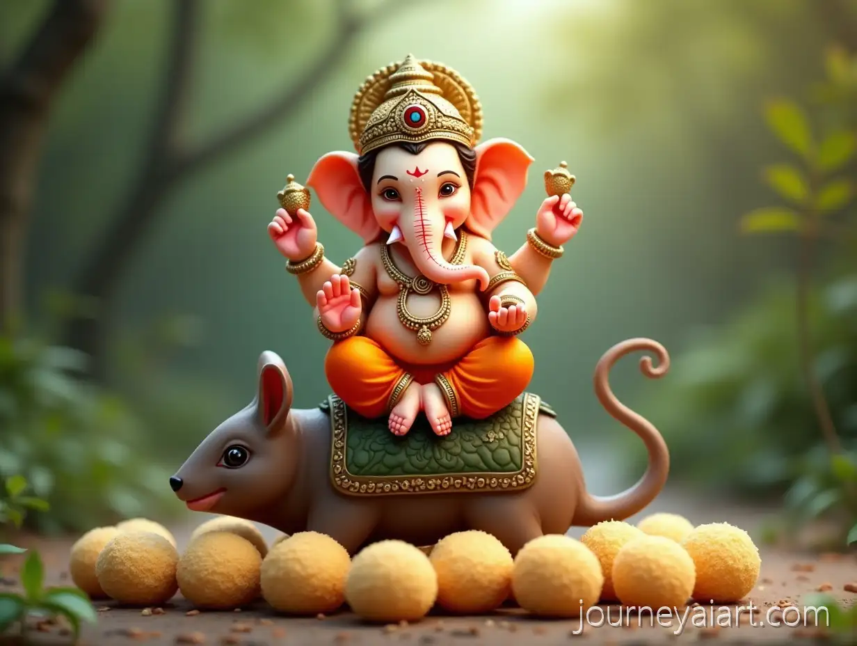 Lord-Ganesha-Sitting-on-Mouse-Vehicle-with-Nature-Background-and-ModakLord-Ganesha-on-Mouse-Spread