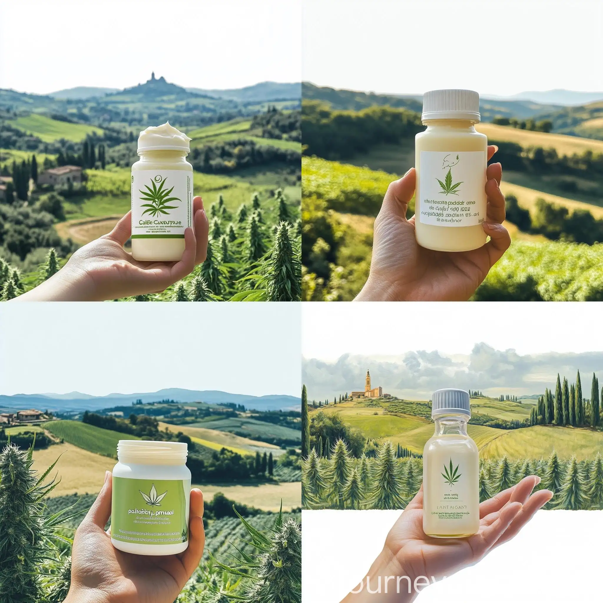 Italian-Woman-Holding-Cream-Flacon-in-Hemp-Field-Landscape